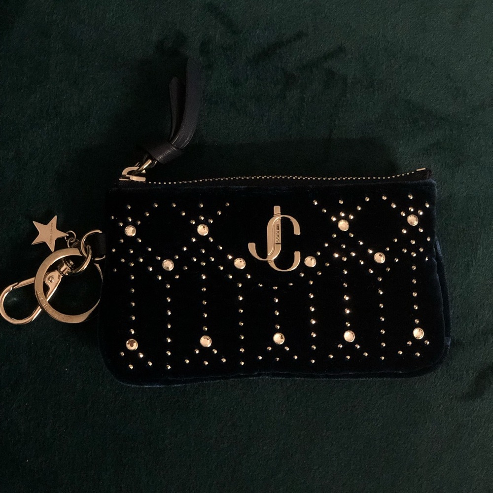 Jimmy Choo Mini Key Pouch Quilted Velvet Cosmos Blue with Studs and Crys…